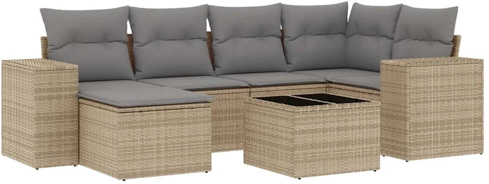 Sofa Sofos komplektas su pagalvėlėmis, 7 dalių, smėlio, poliratanas