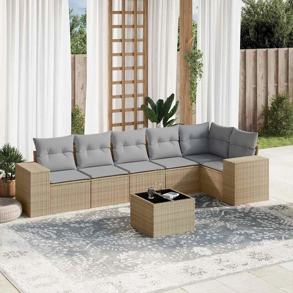 Sofa Sofos komplektas su pagalvėlėmis, 7 dalių, smėlio, poliratanas