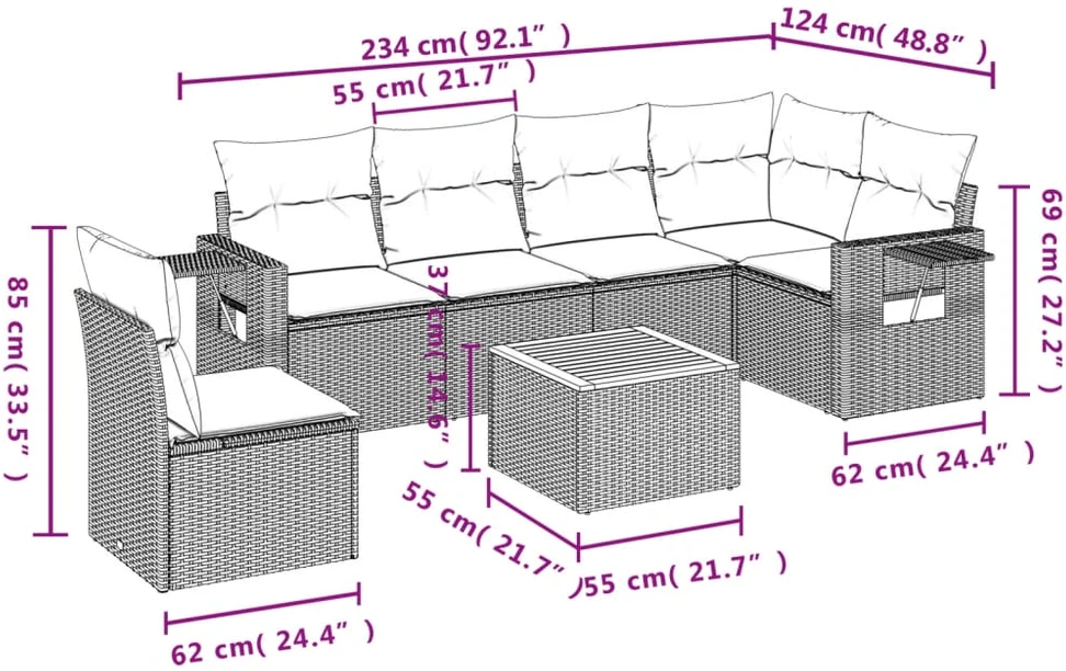 Sofa Sofos komplektas su pagalvėlėmis, 7 dalių, smėlio, poliratanas