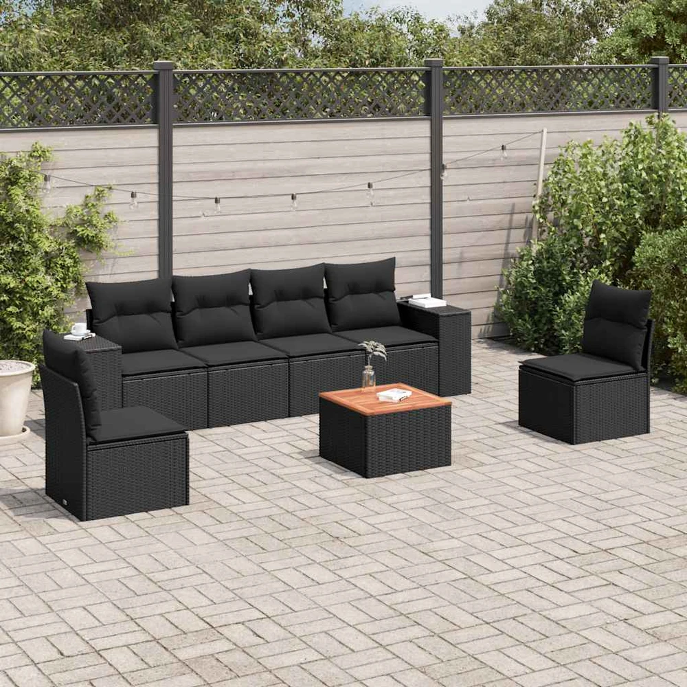 Sofa Sofos komplektas su pagalvėlėmis, 7 dalių, juodas, poliratanas
