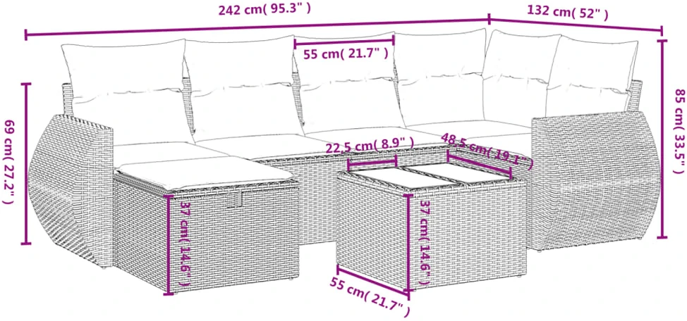 Sofa Sofos komplektas su pagalvėlėmis, 7 dalių, pilkas, poliratanas