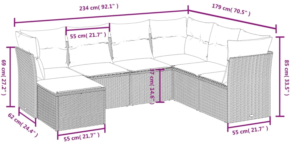 Sofa Sofos komplektas su pagalvėlėmis, 7 dalių, pilkas, poliratanas