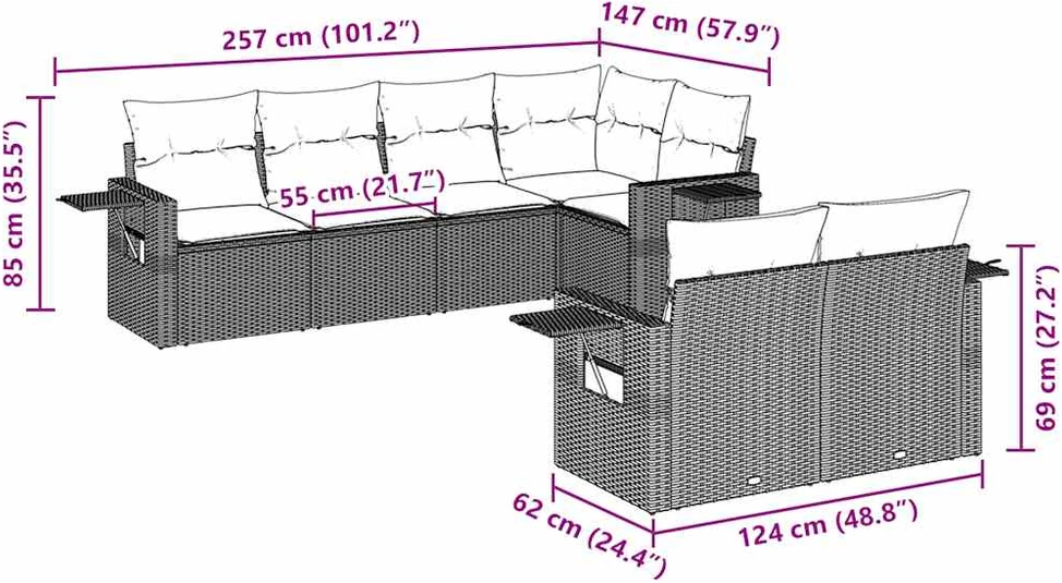 Lauko baldų komplektas Sofos komplektas su pagalvėlėmis, 7 dalių, rudas, poliratanas
