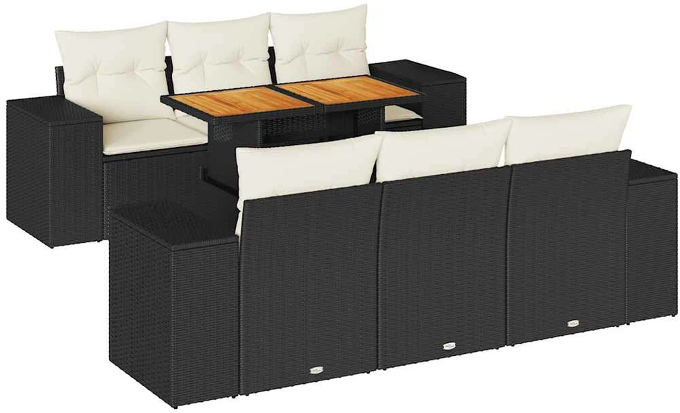 Sofa Sofos komplektas su pagalvėlėmis, 7 dalių, juodas, poliratanas