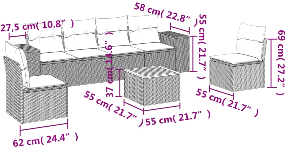 Sofa Sofos komplektas su pagalvėlėmis, 7 dalių, smėlio, poliratanas