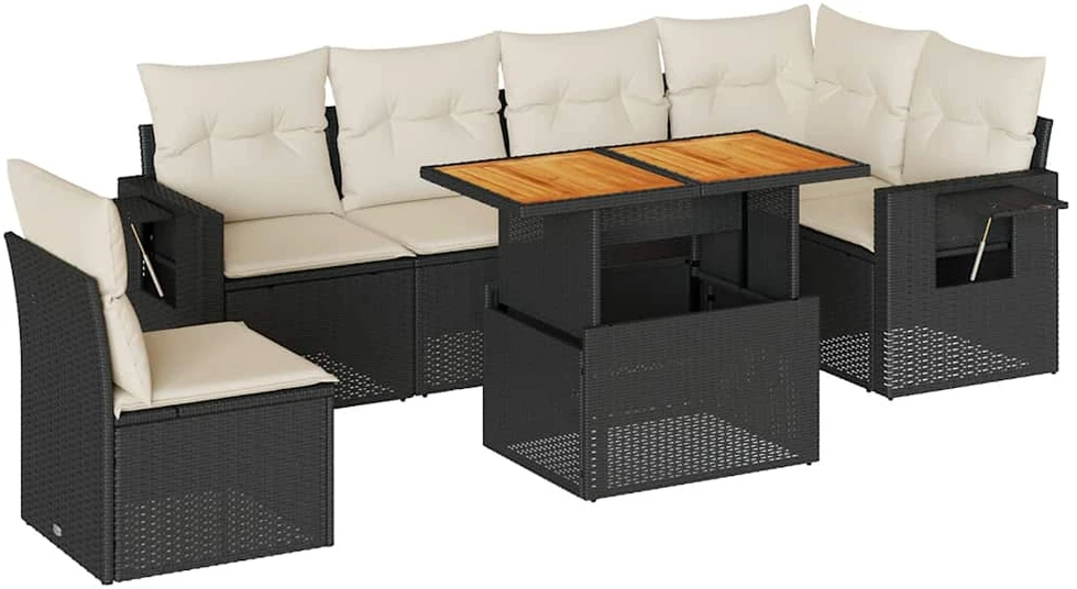 Sofa Sofos komplektas su pagalvėlėmis, 7 dalių, juodas, poliratanas