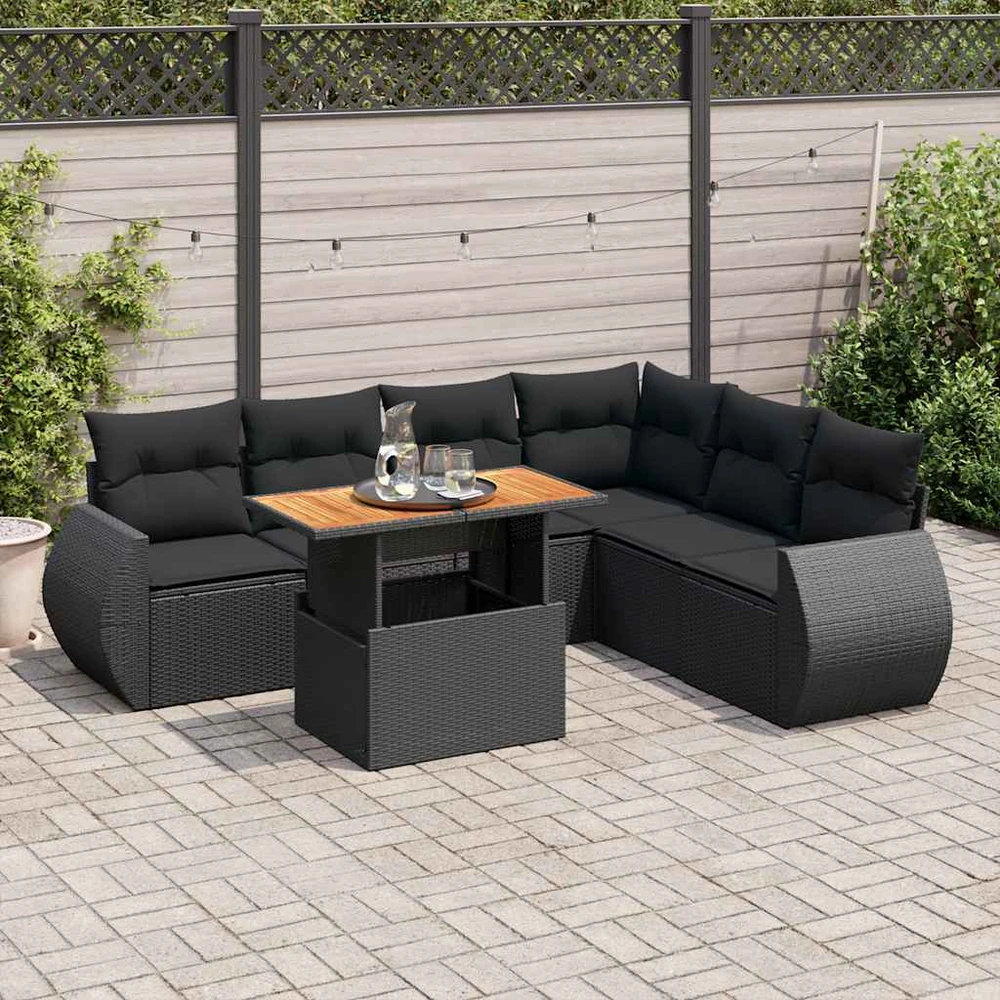 Sofa Sofos komplektas su pagalvėlėmis, 7 dalių, juodas, poliratanas