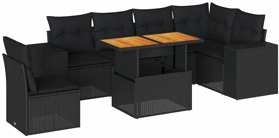 Sofa Sofos komplektas su pagalvėlėmis, 7 dalių, juodas, poliratanas