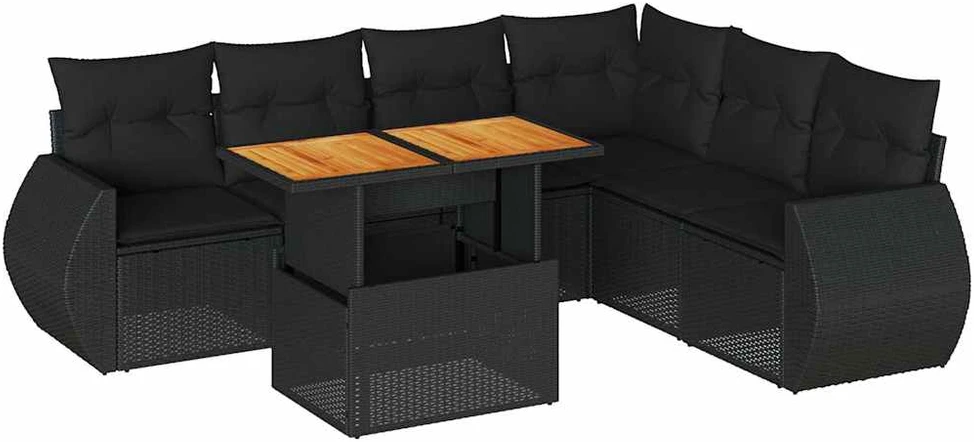 Sofa Sofos komplektas su pagalvėlėmis, 7 dalių, juodas, poliratanas