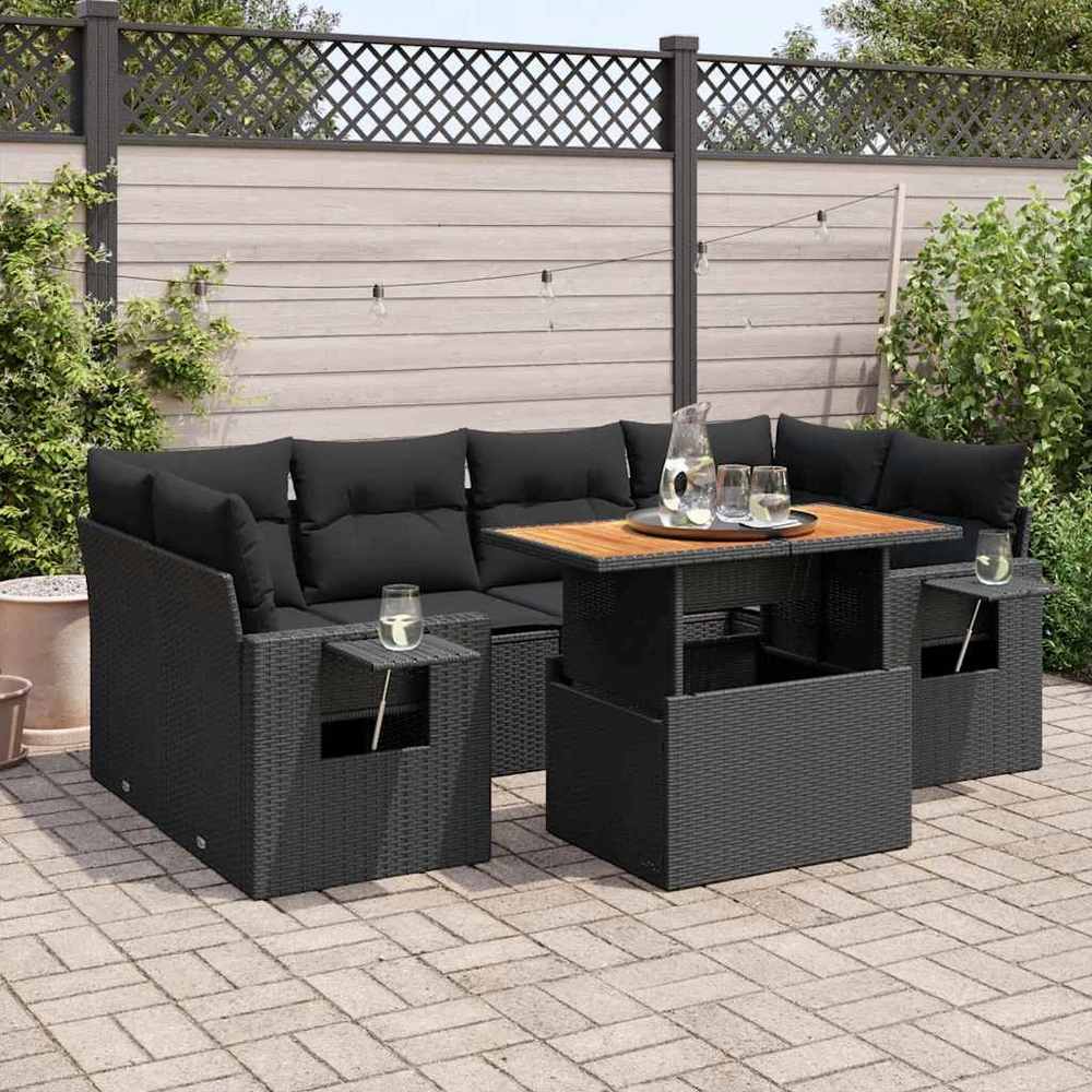 Sofa Sofos komplektas su pagalvėlėmis, 7 dalių, juodas, poliratanas