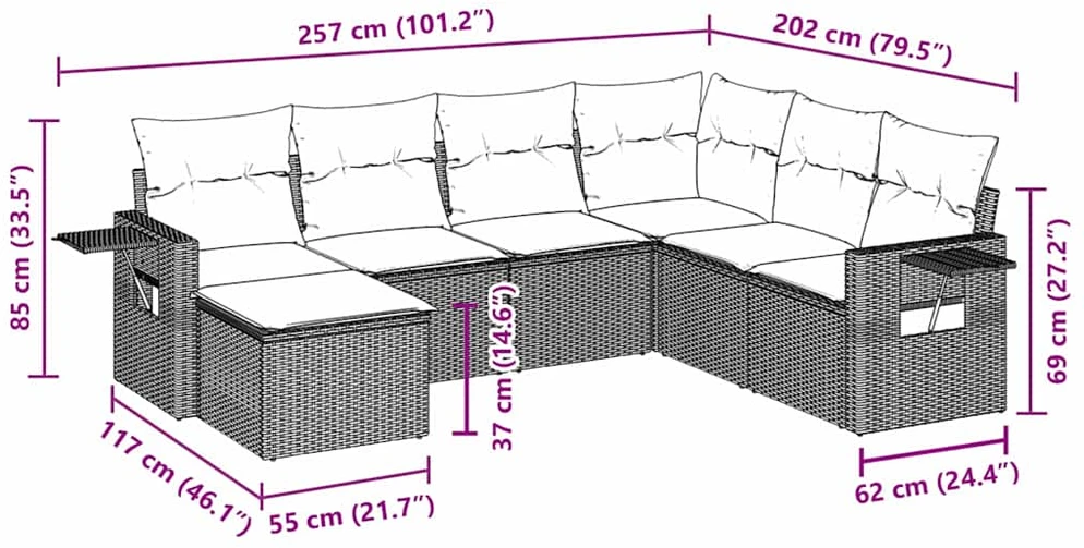 Lauko baldų komplektas Sofos komplektas su pagalvėlėmis, 7 dalių, juodas, poliratanas