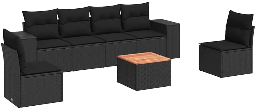 Sofa Sofos komplektas su pagalvėlėmis, 7 dalių, juodas, poliratanas