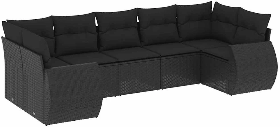 Lauko baldų komplektas Sofos komplektas su pagalvėlėmis, 7 dalių, juodas, poliratanas