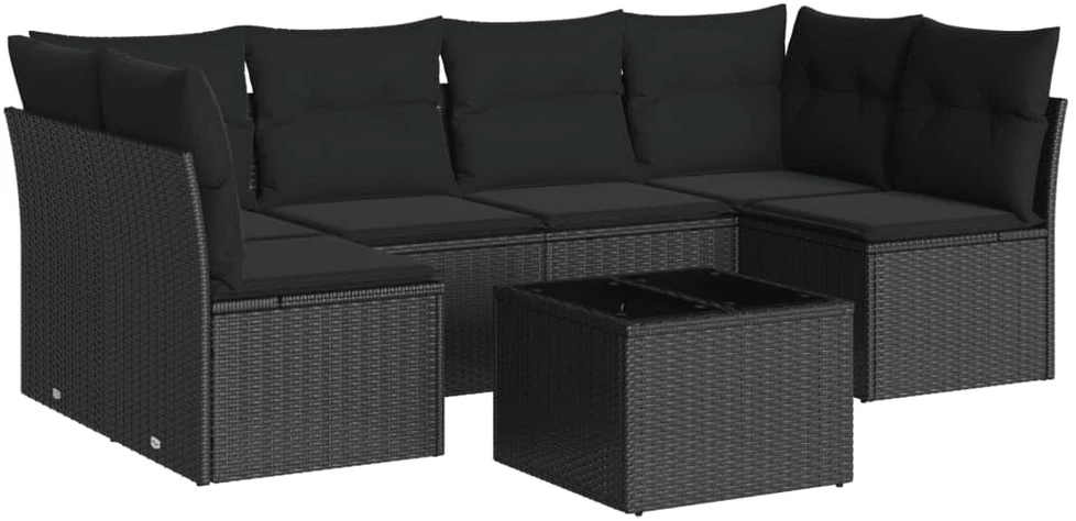 Lauko baldų komplektas Sofos komplektas su pagalvėlėmis, 7 dalių, juodas, poliratanas