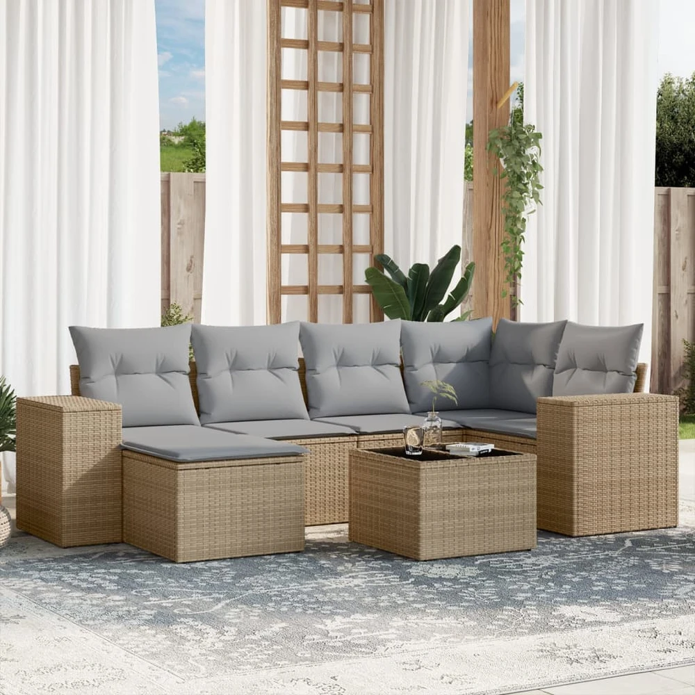 Sofa Sofos komplektas su pagalvėlėmis, 7 dalių, smėlio, poliratanas