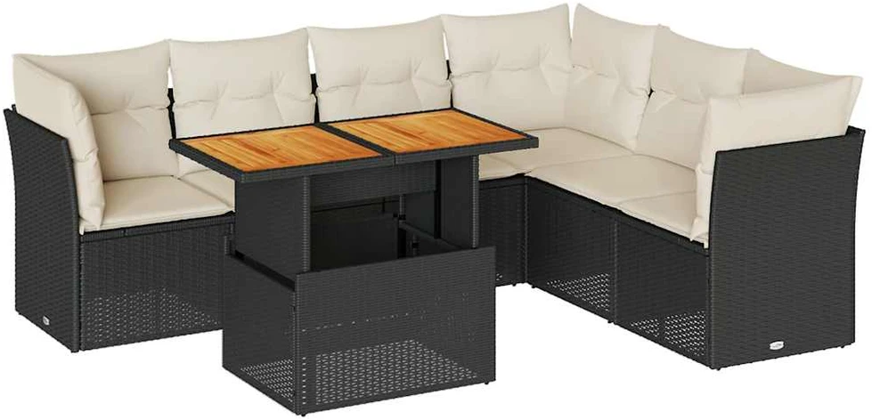 Sofa Sofos komplektas su pagalvėlėmis, 7 dalių, juodas, poliratanas