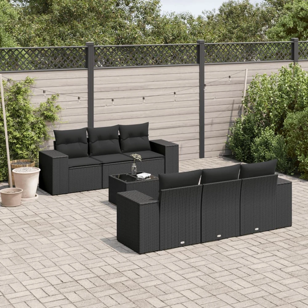 Sofa Sofos komplektas su pagalvėlėmis, 7 dalių, juodas, poliratanas