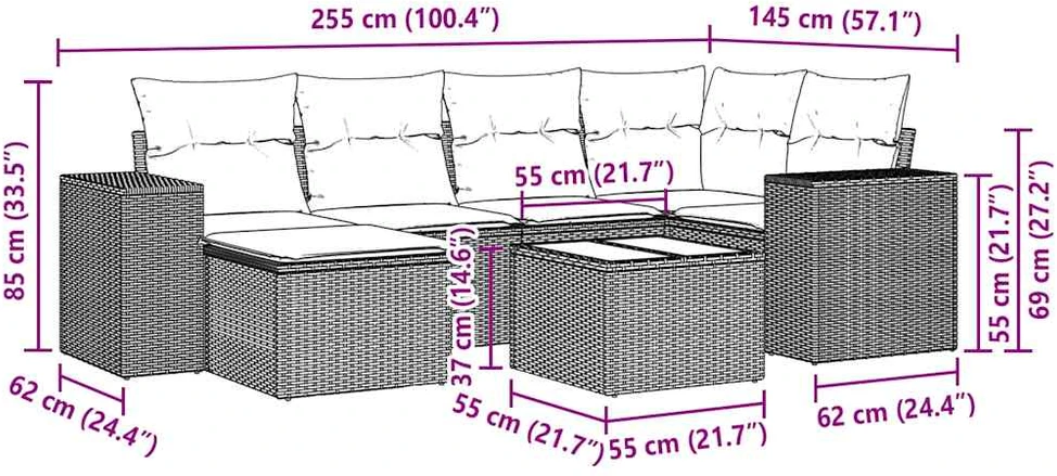Sofa Sofos komplektas su pagalvėlėmis, 7 dalių, pilkas, poliratanas