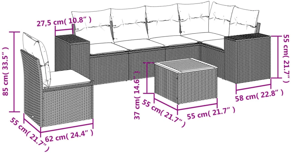 Sofa Sofos komplektas su pagalvėlėmis, 7 dalių, juodas, poliratanas