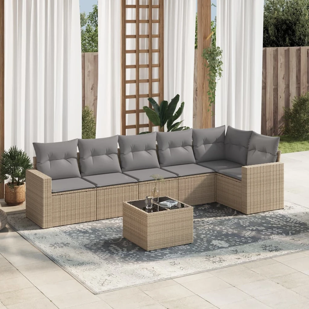 Sofa Sofos komplektas su pagalvėlėmis, 7 dalių, smėlio, poliratanas
