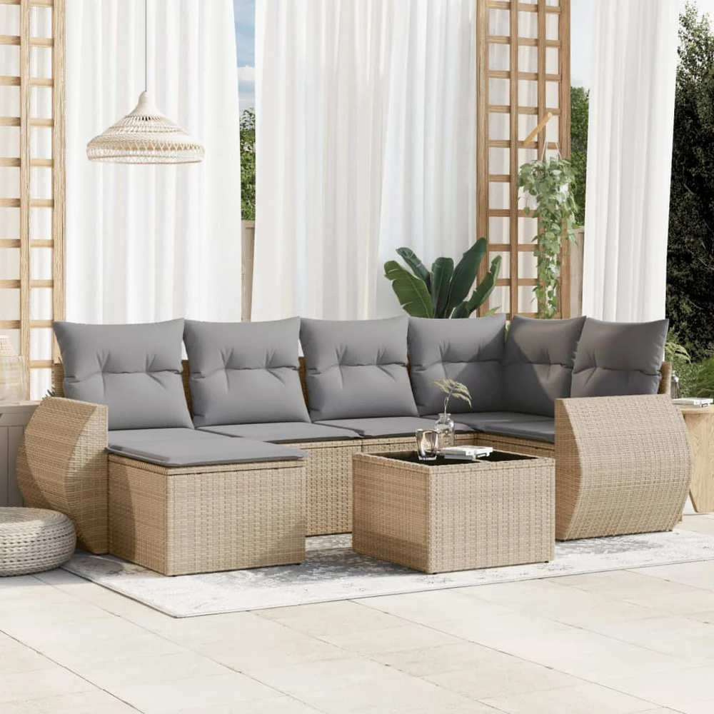 Sofa Sofos komplektas su pagalvėlėmis, 7 dalių, smėlio, poliratanas