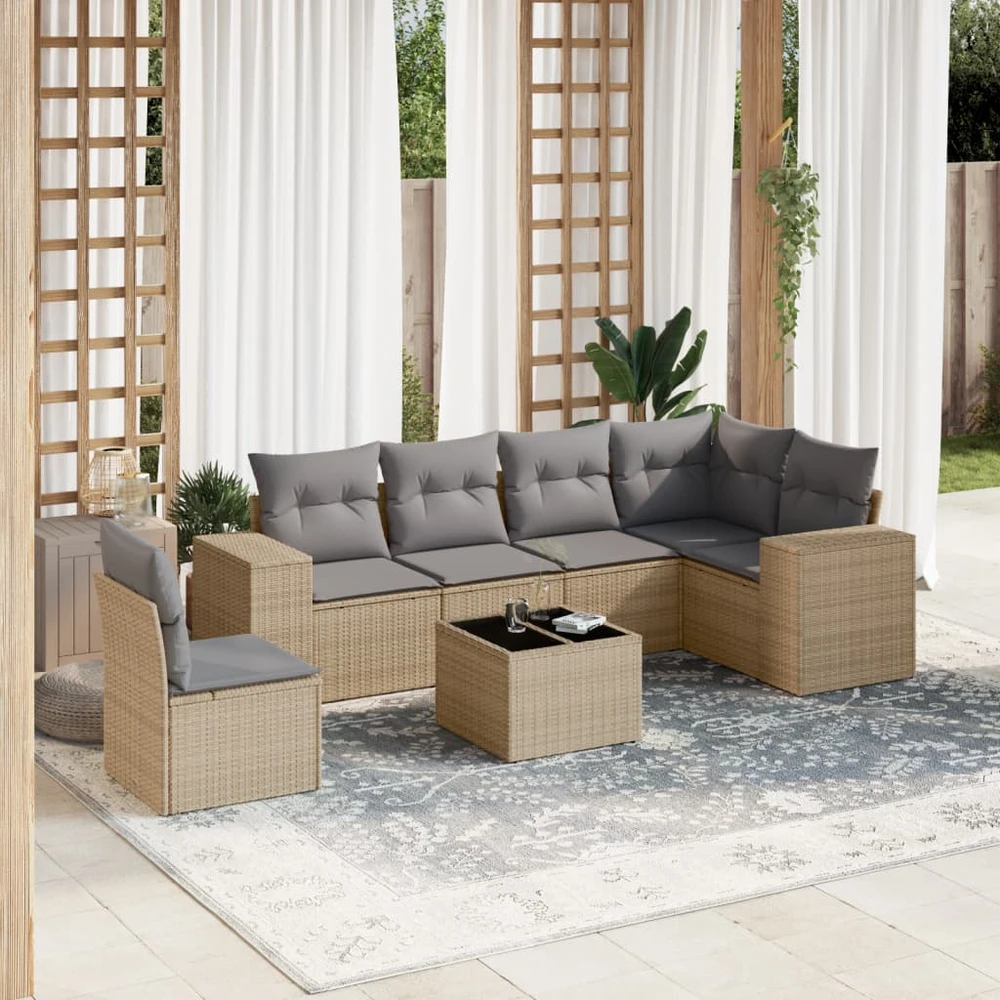 Sofa Sofos komplektas su pagalvėlėmis, 7 dalių, smėlio, poliratanas