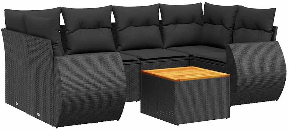 Lauko baldų komplektas Sofos komplektas su pagalvėlėmis, 7 dalių, juodas, poliratanas