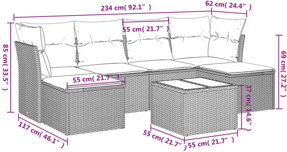 Sofa Sofos komplektas su pagalvėlėmis, 7 dalių, pilkas, poliratanas