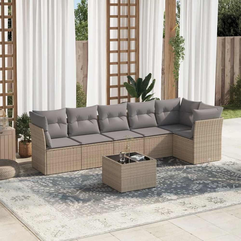 Sofa Sofos komplektas su pagalvėlėmis, 7 dalių, smėlio, poliratanas
