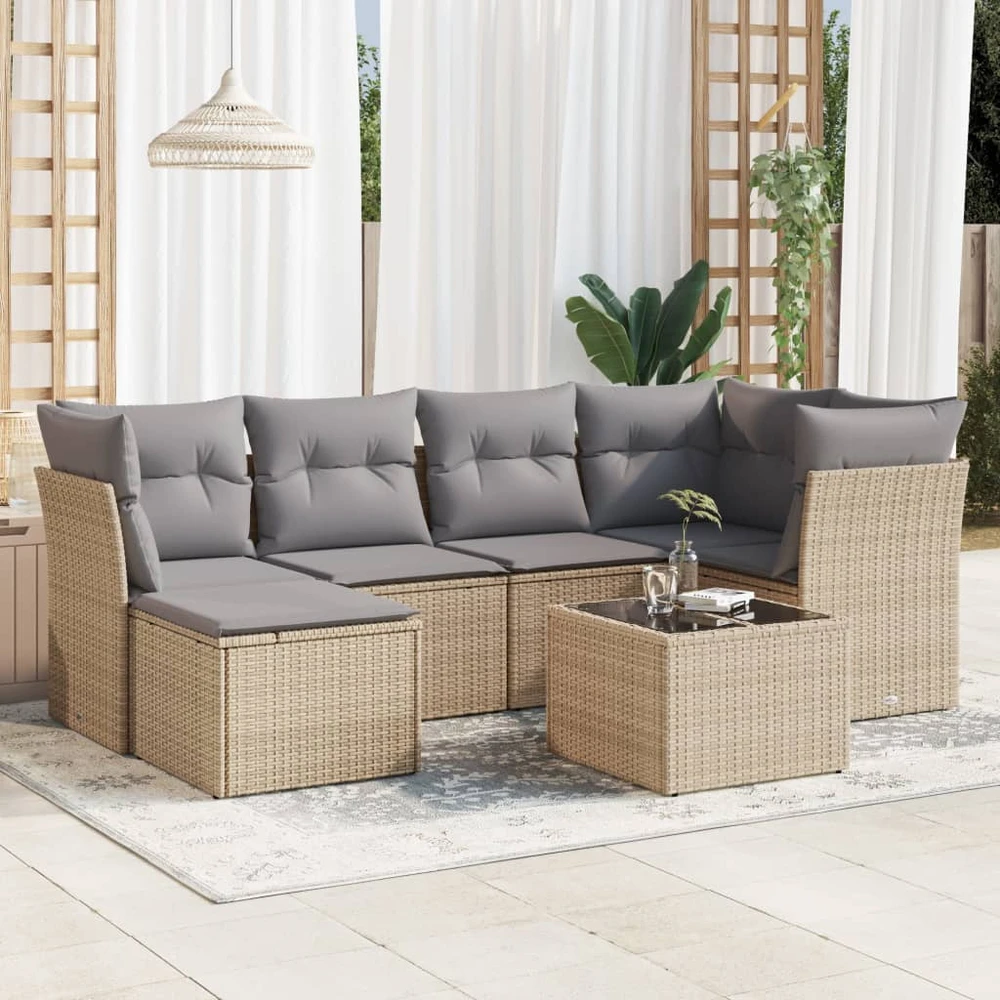 Sofa Sofos komplektas su pagalvėlėmis, 7 dalių, smėlio, poliratanas