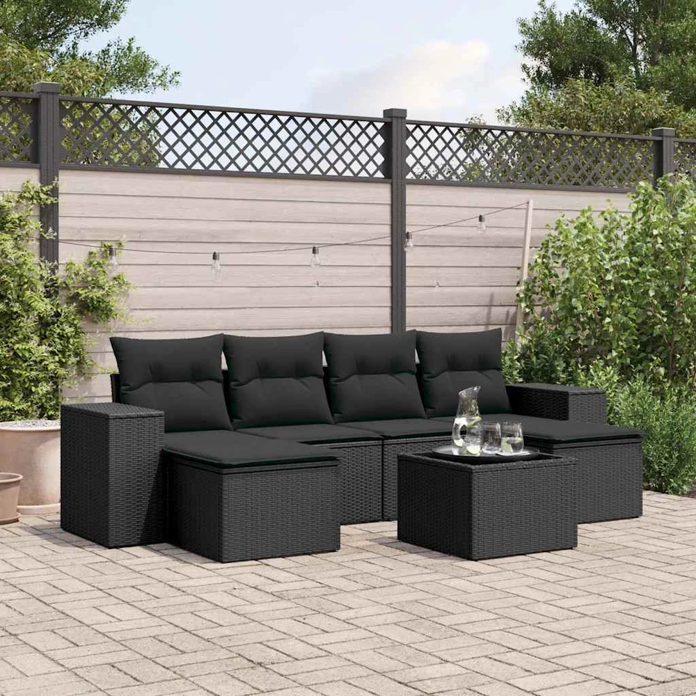 Sofa Sofos komplektas su pagalvėlėmis, 7 dalių, juodas, poliratanas