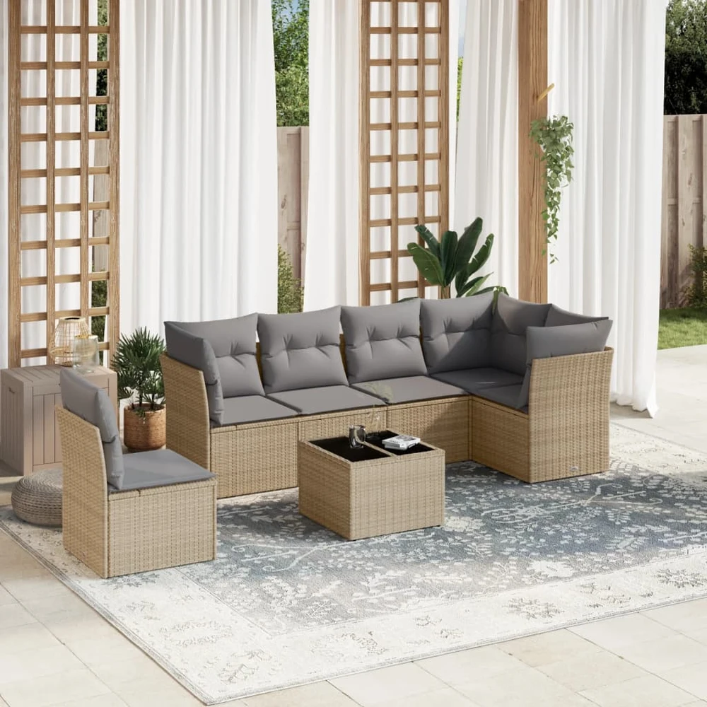 Sofa Sofos komplektas su pagalvėlėmis, 7 dalių, smėlio, poliratanas