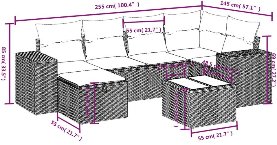 Sofa Sofos komplektas su pagalvėlėmis, 7 dalių, pilkas, poliratanas