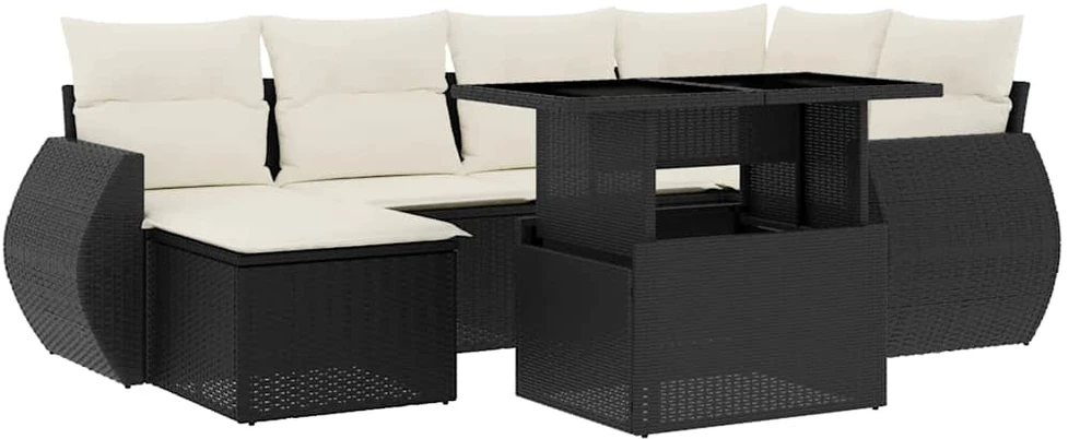 Lauko baldų komplektas Sofos komplektas su pagalvėlėmis, 7 dalių, juodas, poliratanas