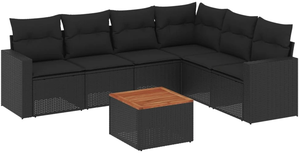 Lauko baldų komplektas Sofos komplektas su pagalvėlėmis, 7 dalių, juodas, poliratanas