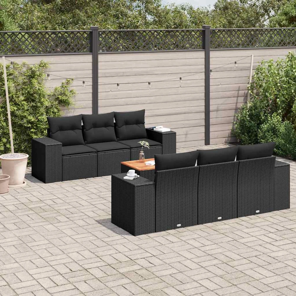 Sofa Sofos komplektas su pagalvėlėmis, 7 dalių, juodas, poliratanas