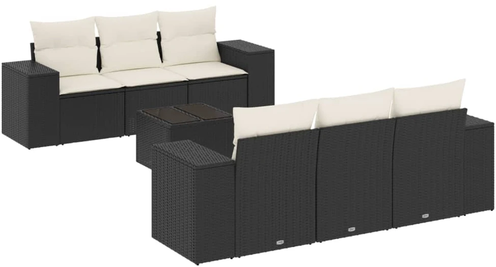 Lauko baldų komplektas Sofos komplektas su pagalvėlėmis, 7 dalių, juodas, poliratanas