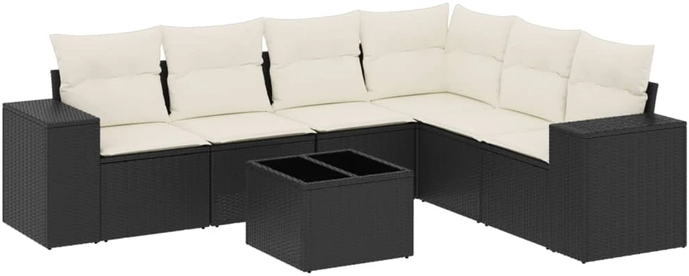 Lauko baldų komplektas Sofos komplektas su pagalvėlėmis, 7 dalių, juodas, poliratanas