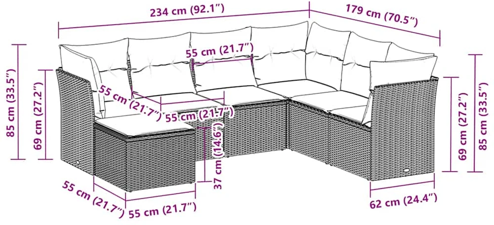 Sofa Sofos komplektas su pagalvėlėmis, 7 dalių, pilkas, poliratanas