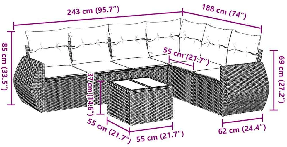 Sofa Sofos komplektas su pagalvėlėmis, 7 dalių, pilkas, poliratanas