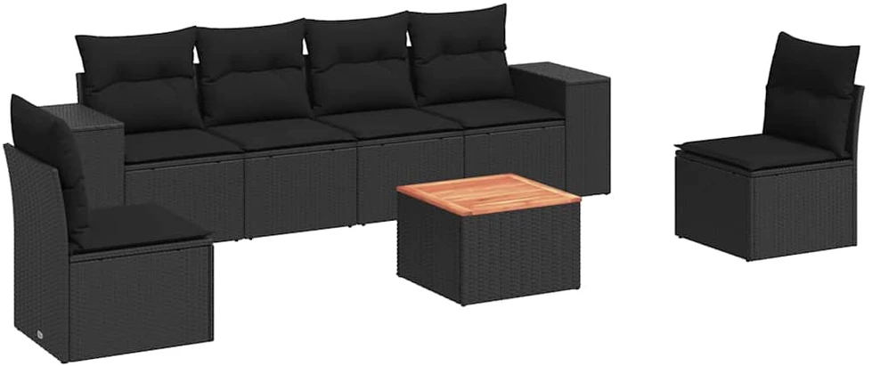 Sofa Sofos komplektas su pagalvėlėmis, 7 dalių, juodas, poliratanas