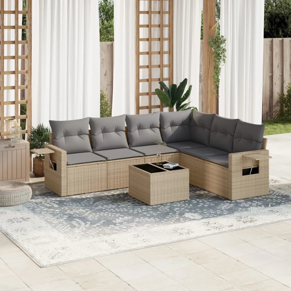 Sofa Sofos komplektas su pagalvėlėmis, 7 dalių, smėlio, poliratanas