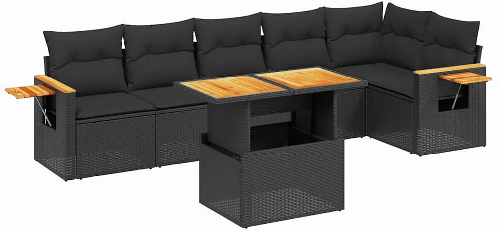 Lauko baldų komplektas Sofos komplektas su pagalvėlėmis, 7 dalių, juodas, poliratanas