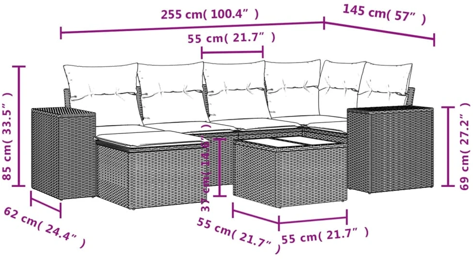 Sofa Sofos komplektas su pagalvėlėmis, 7 dalių, smėlio, poliratanas