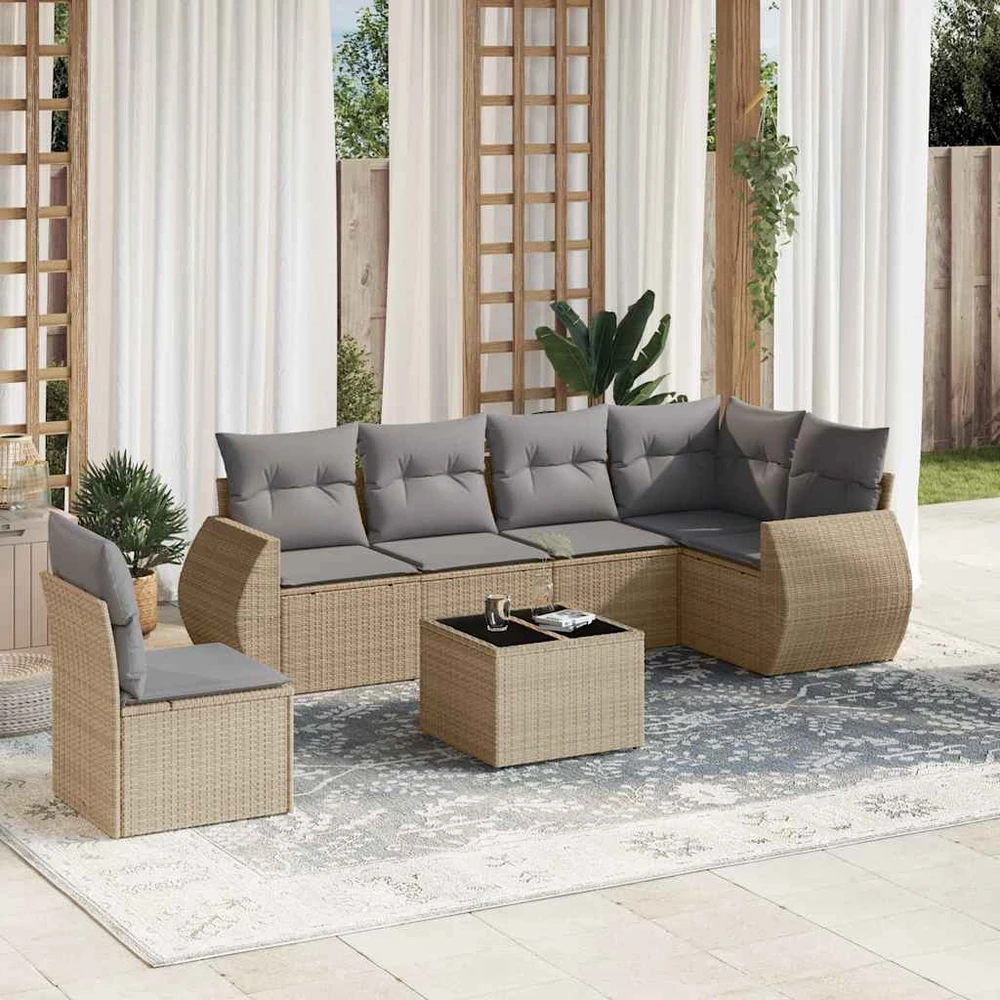 Sofa Sofos komplektas su pagalvėlėmis, 7 dalių, smėlio, poliratanas