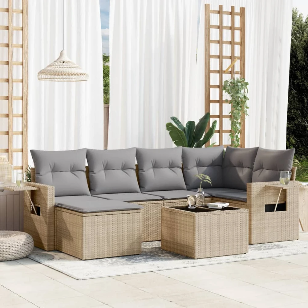 Sofa Sofos komplektas su pagalvėlėmis, 7 dalių, smėlio, poliratanas