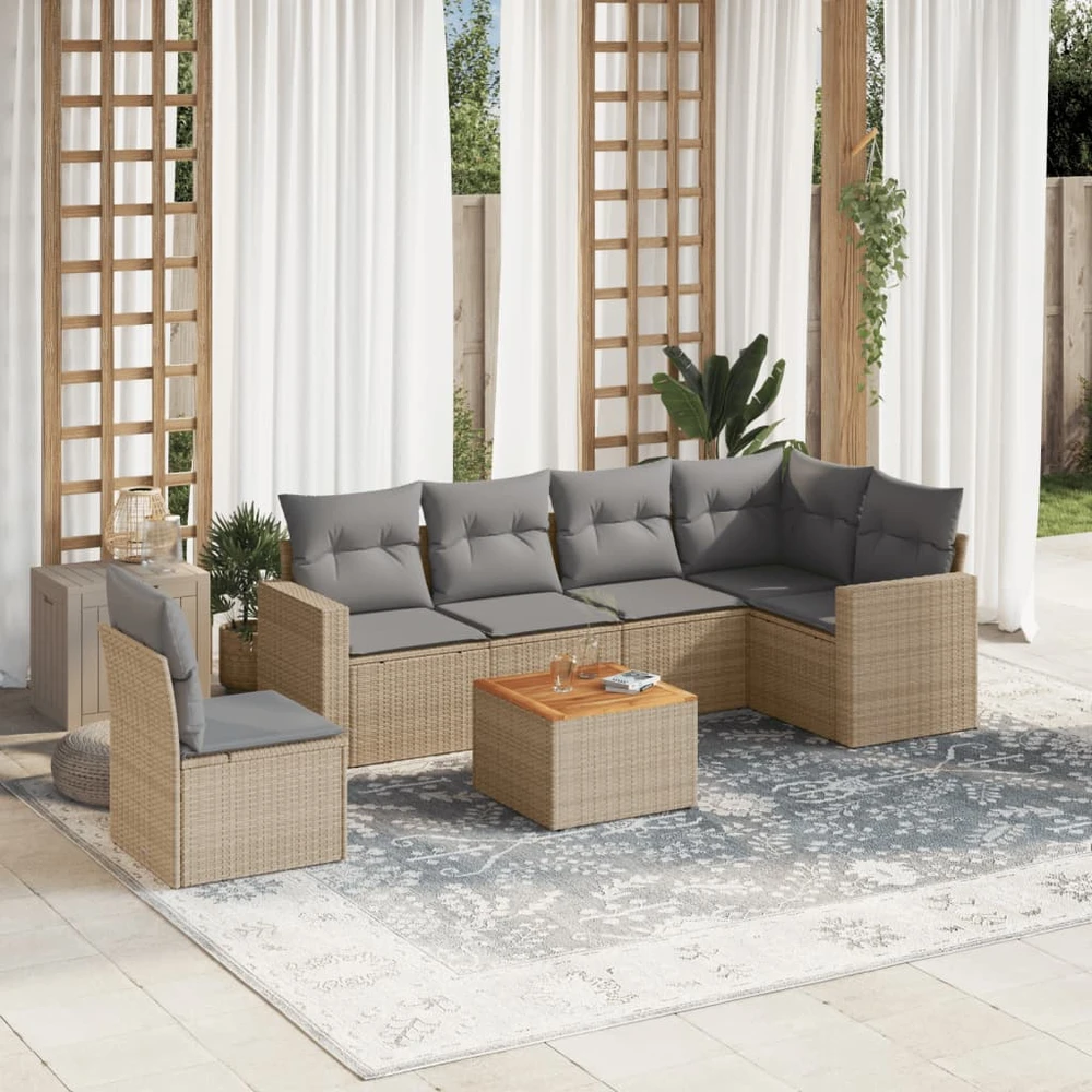 Sofa Sofos komplektas su pagalvėlėmis, 7 dalių, smėlio, poliratanas
