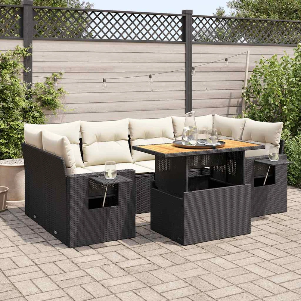 Sofa Sofos komplektas su pagalvėlėmis, 7 dalių, juodas, poliratanas