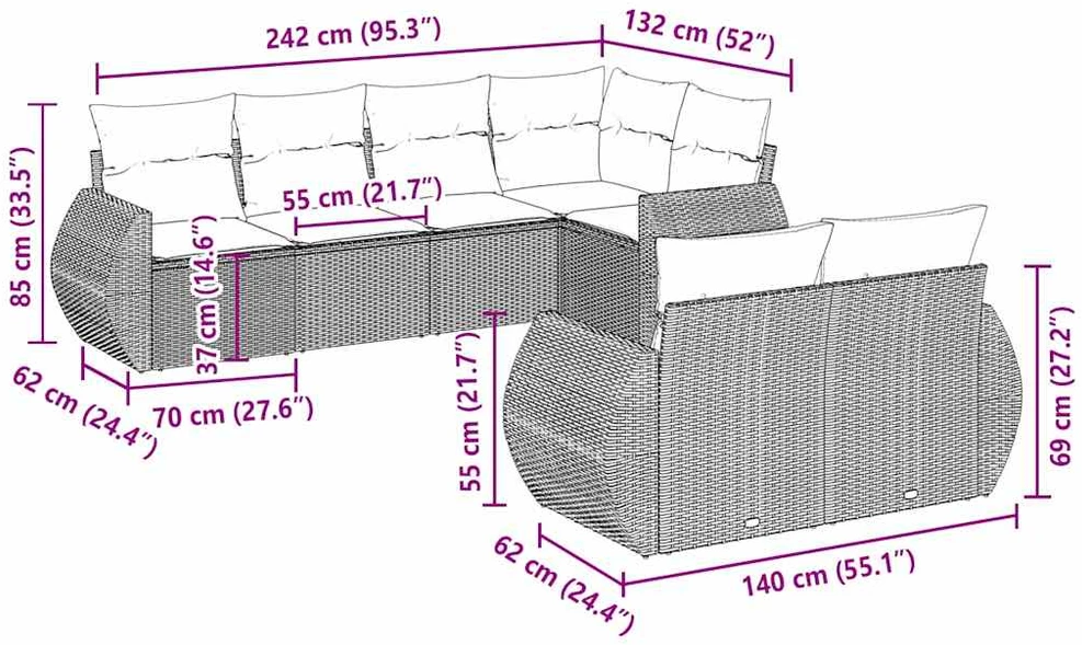 Sofa Sofos komplektas su pagalvėlėmis, 7 dalių, pilkas, poliratanas