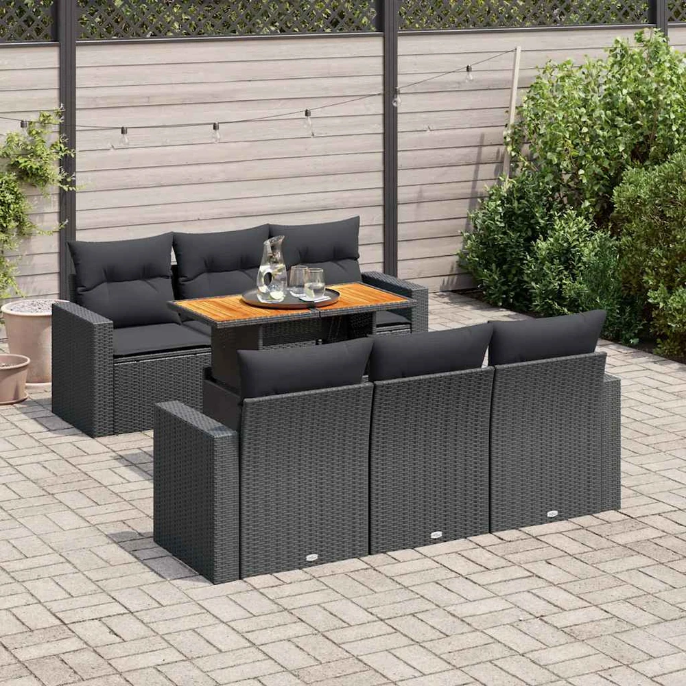 Sofa Sofos komplektas su pagalvėlėmis, 7 dalių, juodas, poliratanas